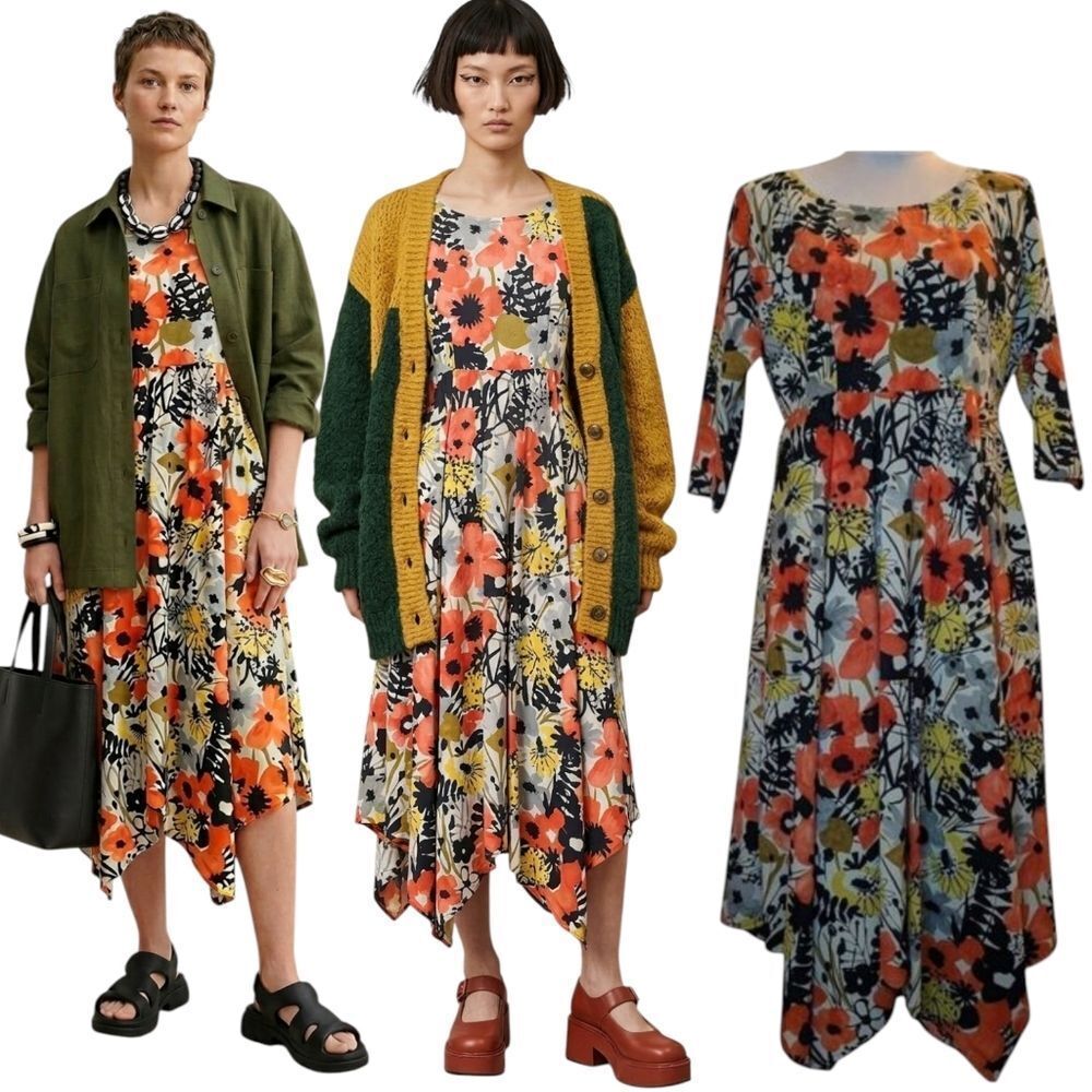 Merimecco Style Vintage Unique Floral  Handkerchief Hem Dress L